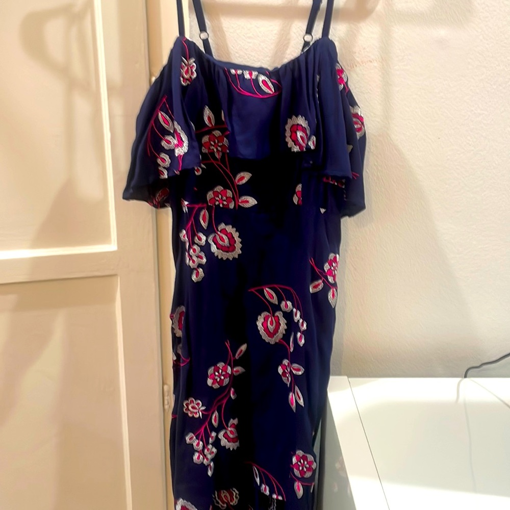 Aqua sleeveless floral dress with hot pink and white details